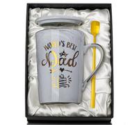 Christmas Birthday Gifts for Dad from Daughter Son - World's Best Dad - Daddy Mug with Gold Print, Funny Fathers Day Presents, 14Oz Grey Ceramic Gold Print Coffee Cup, Lid Spoon Card, Nice Gift Boxed