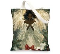 Christmas Black Angel Canvas Tote Bag for Shopping 13x15, Fun Xmas African American Reusable Grocery Print Bag for Women, Holiday New Year Aesthetic Painting Gift Decor