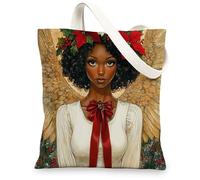 Christmas Black Angel Canvas Tote Bag for Shopping 13x15, Xmas African American Reusable Grocery Print Bag for Women, Holiday New Year Beach Aesthetic Painting Gift Decor