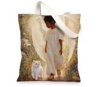 Christmas Black Angel Canvas Tote Bag for Shopping 13x15, Xmas African American Reusable Grocery Print Bag for Women Men, Holiday New Year Aesthetic Painting Gift Decor