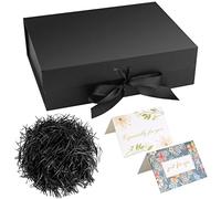 Christmas Black Gift Box with Ribbon, Luxury Magnetic Present Box with Lid, Large Rectangle Gift Packaging 26x19x8 cm, Decorative Gift Box with Shredded Paper and Cards
