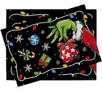 Christmas Black Green Placemats Set of 4,Grinch Funny Xmas Balls Snowflake Dining Table Place Mats, Winter Kitchen Decor Home Decoration 12 x 18 Inches