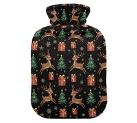 Christmas Black Green Red Reindeer Gift Tree Hot Water Bottle with Soft Cover, 1L Water Bags for Neck Shoulder Warmer