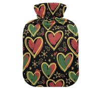 Christmas Black Hearts Stars Holly Cute Hot Water Bottle with Soft Cover, 1L Hot Water Bag for Menstrual Cramps