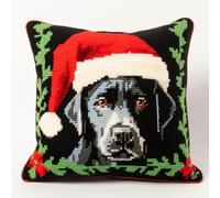 Christmas Black Labrador Latch Hook Kits Pillow Cover DIY Crochet Hook Cushion Rug Making Kits with Printed Pattern Canvas Needlework Hooking Christmas Adorment 43x43cm(y33)