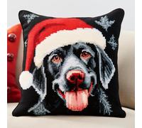 Christmas Black Labrador Latch Hook Kits Pillow Cover DIY Crochet Hook Cushion Rug Making Kits with Printed Pattern Canvas Needlework Hooking Christmas Adorment 43x43cm(y34)