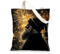 Christmas Black Santa Canvas Tote Bag for Shopping 13 * 15, African American Xmas Fireworks Reusable Grocery Bag for Women, Holiday Happy Aesthetic Painting Gift Decor