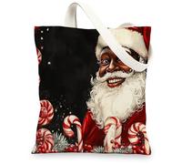 Christmas Black Santa Claus Canvas Tote Bag for Shopping 13 * 15, African American Xmas Candy Reusable Grocery Bag for Women, Holiday Happy Aesthetic Painting Gift Decor