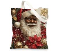 Christmas Black Santa Claus Canvas Tote Bag for Shopping 13 * 15, African American Xmas Poinsettia Reusable Grocery Bag for Women, Holiday Aesthetic Pattern Gift Decor