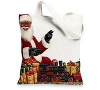Christmas Black Santa Claus Canvas Tote Bag for Shopping 13 * 15, African American Xmas Train Reusable Grocery Bag for Women, Holiday Happy Aesthetic Painting Gift Decoration