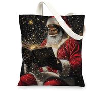 Christmas Black Santa Claus Canvas Tote Bag for Shopping 13 * 15, Fantasy African American Xmas Reusable Grocery Bag for Women, Holiday Aesthetic Painting Gift Decor