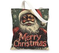 Christmas Black Santa Claus Canvas Tote Bag for Shopping 13 * 15, Vintage African American Xmas Reusable Grocery Bag for Women, Holiday Aesthetic Painting Gift Decor
