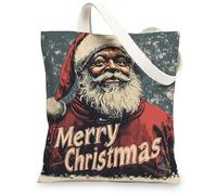 Christmas Black Santa Claus Canvas Tote Bag for Shopping 13 * 15, Vintage African American Xmas Reusable Grocery Bag for Women, Holiday Aesthetic Painting Gift Decoration