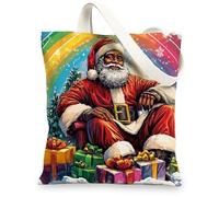 Christmas Black Santa Claus Canvas Tote Bag for Shopping 13 * 15, Xmas African American Reusable Grocery Bag for Women, Holiday Happy Aesthetic Painting Gift Decor