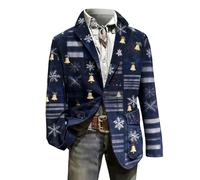 Christmas Blazer for Men Corduroy Xmas Snowflake Santa Printed Regular Fit One Button Notched Lapel Sports Coats Plus Size Suit Jacket Lightweight Blazers Xmas Costume (4-Dark Blue, XXXXL)