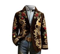 Christmas Blazer for Men Corduroy Xmas Snowflake Santa Printed Regular Fit One Button Notched Lapel Sports Coats Plus Size Suit Jacket Lightweight Blazers Xmas Costume (7-Brown, XL)