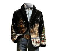 Christmas Blazer for Men Corduroy Xmas Snowflake Santa Printed Regular Fit One Button Notched Lapel Sports Coats Plus Size Suit Jacket Lightweight Blazers Xmas Costume (8-Black, S)