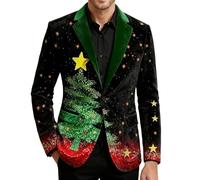 Christmas Blazer for Men Xmas Corduroy Jacket Reindeer Santa Claus Tuxedo Coat Long Sleeve Single-Breasted Suit Blazer Christmas Tree Snowflakes Jackets Slim Fit Blazers for Wedding Party Prom