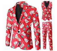 Christmas Blazer Suit for Men,Funny Print 3-Piece Ugly Christmas Suit Novelty Xmas Costume Clearance Blazer Jacket + Vest + Pants Casual Smart Blazer Suit with Waistcoat UK