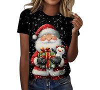 Christmas Blouse Tops Woman Ladies Short Sleeve Shirts Christmas Tree Printed Basic Tees Shirt Pullover Crew Neck Xmas Loose Sweatshirts Casual T-Shirts Women Xmas Tree Shirt Black