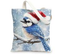 Christmas Blue Jay Bird Canvas Tote Bag for Shopping 13 * 15, Cute Xmas Tree Branch Reusable Grocery Shoulder Cloth Bag for Women, Winter Painting Gift Decor