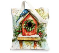 Christmas Blue Jay Bird Canvas Tote Bag for Shopping 13 * 15, Fun Watercolor Birdhouse Reusable Grocery Bag for Women, Winter Travel Pattern Gift Decoration
