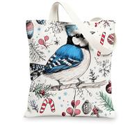 Christmas Blue Jay Bird Canvas Tote Bag for Shopping 13 * 15, Funny Xmas Cartoon Reusable Grocery Shoulder Cloth Bag for Women, Winter Painting Gift Decor
