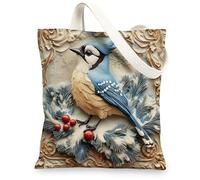 Christmas Blue Jay Bird Canvas Tote Bag for Shopping 13 * 15, Novelty Luxury Xmas Reusable Grocery Shoulder Cloth Bag for Women, Winter Painting Gift Decoration