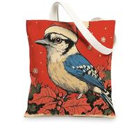 Christmas Blue Jay Bird Canvas Tote Bag for Shopping 13 * 15, Vintage Xmas Poinsettia Reusable Grocery Shoulder Cloth Bag for Women, Winter Painting Gift Decor