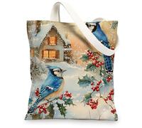 Christmas Blue Jay Bird Canvas Tote Bag for Shopping 13 * 15, Vintage Xmas Tree Branch Reusable Grocery Shoulder Cloth Bag for Women, Winter Painting Gift Decoration