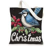 Christmas Blue Jay Bird Canvas Tote Bag for Shopping 13 * 15, Xmas Hollies Berries Reusable Grocery Bag for Women, Winter Work Travel Pattern Gift Decor