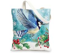 Christmas Blue Jay Bird Canvas Tote Bag for Shopping 13 * 15, Xmas Watercolor Snow Reusable Grocery Shoulder Cloth Bag for Women, Winter Painting Gift Decoration