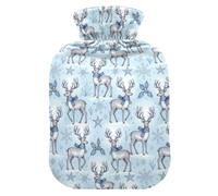 Christmas Blue Reindeer Pattern with Snowflakes and Holly Hot-Water Bottle with Soft Cover, 1L Hotwater Bag for Hand Feet Warmer