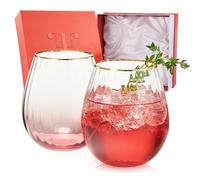 Christmas Blush Red Large Wine Glassware | Set of 2 | Holiday Gold Rim Waterfall Balloon Shaped Glasses, Ripple Vibrant Ombre Color For Cocktails & Wine, Stemmed Vintage Gold Crystal Glass (14 OZ)