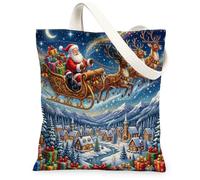 Christmas Bombays Cats Canvas Tote Bag for Shopping 13 * 15, Festive Sleigh Gifts Reusable Grocery Shoulder Bag for Women, Xmas Painting Gift Decor