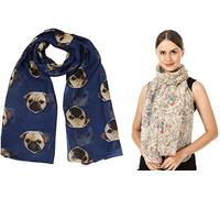 Christmas Bonanza Pack of 2 Scarves Wrap Shawl Scarf for Women Ladies (Pug Dog Navy Blue & Robin Cream, 2)