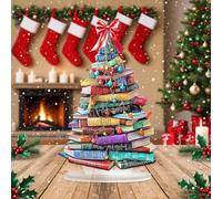 Christmas Book Tree Decoration, 2D HD Waterproof Print Art, Multicolored Stacked Books Design, 25cm Height, Holiday Home Decor with Stand (B)