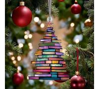 Christmas Book Tree Suncatcher Ornament, Acrylic Artsy Pendants Hanger Christmas Tree Bookish Gift, Winter Stained Glass Christmas Stacked Book Tree Hanging Ornament,Book Club Gift, Book Lover Gift