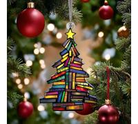 Christmas Book Tree Suncatcher Ornament, Acrylic Artsy Pendants Hanger Christmas Tree Bookish Gift, Winter Stained Glass Christmas Stacked Book Tree Hanging Ornament,Book Club Gift, Book Lover Gift
