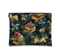 Christmas Books Makeup Bag, Vintage Holiday Cosmetic Pouch for Women, Portable Canvas Zipper Organizer, Winter Skincare Toiletry Bag, Dark Green, 7x9 Inch, Books
