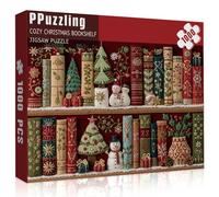 Christmas Bookshelf Puzzle 1000 Pieces for Adults, Challenging Cozy Holiday Library Jigsaw Puzzle with Snowman, Christmas Tree, Funny Winter Xmas Aesthetic Art Puzzle