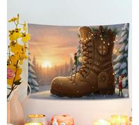 Christmas Boot Tapestry, Brown Holiday Decor Wall Hanging, Enchanted Elves and Pinecones for Festive Living Room, Bedroom, Dorm Aesthetic 48x36 Inch