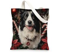 Christmas Border Collie Dog Canvas Tote Bag for Shopping 13x15, Xmas Candy Poinsettia Puppy Reusable Grocery Print Bag for Women Men, Holiday Pet Aesthetic Painting Gift Decor