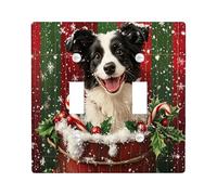 Christmas Border Collie Dog Decorative Light Switch Cover Wall Plate 2 Gang Double Toggle, Xmas Farmhouse Plaid Electrical Switchplate Pet Faceplate for Kitchen Living Room Decor