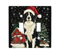Christmas Border Collie Dog Decorative Light Switch Cover Wall Plate 2 Gang Double Toggle, Xmas Snowy Forest Switchcover Switchplate, Pet Electrical Faceplate for Kitchen Living Room