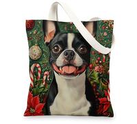 Christmas Boston Terrier Dog Canvas Tote Bag for Shopping 13x15, Xmas Candy Poinsettia Puppy Reusable Grocery Print Bag for Women Men, Holiday Pet Aesthetic Painting Gift Decor