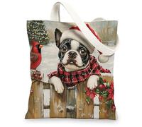Christmas Boston Terrier Dog Canvas Tote Bag for Shopping 13x15, Xmas Farmhouse Cardinal Puppy Reusable Grocery Print Bag for Women, Holiday Pet Beach Aesthetic Painting Gift Decor