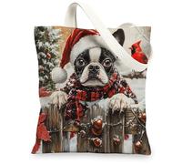 Christmas Boston Terrier Dog Canvas Tote Bag for Shopping 13x15, Xmas Farmhouse Cardinal Puppy Reusable Grocery Print Bag for Women Men, Holiday Pet Aesthetic Painting Gift Decor