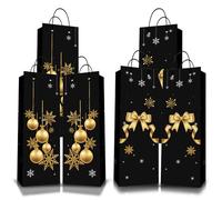 Christmas Bottle Bags Wine Carry Bag,6Pack Black Gold Gift Bags for Wine,Wine Bottle Gift Bag Multipack Kraft Paper WineBags with Rope Handles,Xmas BottleBags for Wines,Whiskey,Spirits,Champagne