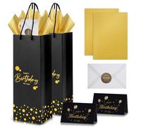 Christmas Bottle Bags Wine Carry Bag,Gift Bags for Wine,Wine Bottle Gift Bag Multipack Kraft Paper WineBags with Rope Handles,Xmas BottleBags for Wines,Whiskey,Spirits,Champagne (Black Birthday Set)